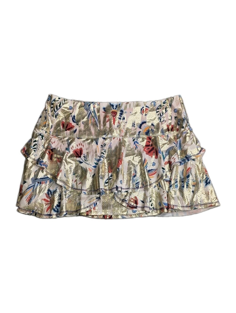 Metallic Gold Floral Tiered Ruffle Skort Mini Skirt Shorts Womens Medium EUC